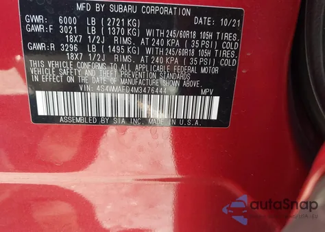 2021 Subaru Ascent Premium z USA, uszkodzony, nr VIN 4S4WMAFD4M3476444